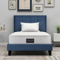 lit adulte capitonné tête de lit haute design moderne 90x200 cm, lin bleu (avec matelas à ressorts)