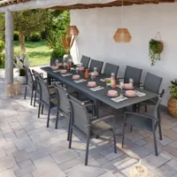 avril paris table de jardin extensible aluminium 220/320cm + 12 fauteuils empilables textilène gris anthracite - andra xl  gris anthracite