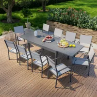 avril paris table de jardin extensible en aluminium 270cm + 10 fauteuils empilables textilène anthracite gris - milo 10  anthracite