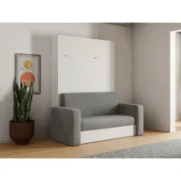 lit escamotable canapé 140 x 200 cm - ouverture verticale manuelle - blanc et gris + matelas - vaciala ii