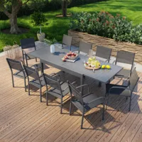 avril paris table de jardin extensible en aluminium 270cm + 10 fauteuils empilables textilène anthracite - milo 10  anthracite