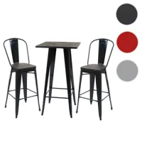 set table mange-debout + 2x tabouret de bar hwc-a73, plateau en bois, design industriel, métal ~ noir