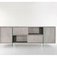 buffet/meuble tv design mady 180cm gris béton  portes coulissantes et piètement en verre