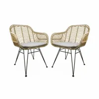 2 fauteuils en rotin naturel et métal, coussins beige l alice's garden