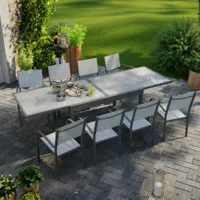 avril paris table de jardin extensible aluminium 270cm + 8 fauteuils empilables textilène anthracite gris - lio 8  gris