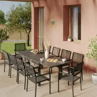 avril paris ensemble table de jardin extensible aluminium 135/270cm + 10 fauteuils empilables en corde anthracite -yeraz