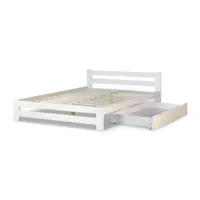 homestyle4u lit double en bois blanc 140x200 avec tiroir de lit et sommier a lattes  blanc