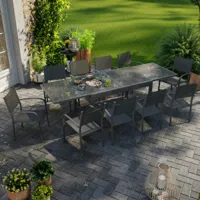 avril paris table de jardin extensible aluminium 270cm + 10 fauteuils empilables textilène anthracite - lio 10  noir