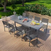 avril paris table de jardin extensible en aluminium 270cm + 8 fauteuils empilables textilène anthracite - milo 8  anthracite