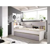 vente-unique lit gigogne avec rangements - 90 x 200 et 90 x 190 cm - blanc et gris + sommier - losiana  noir