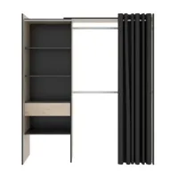 pegane armoire dressing extensible avec rideau + 1 tiroir coloris naturel/graphite - longueur 110-160 x hauteur 203 x profondeur 50 cm