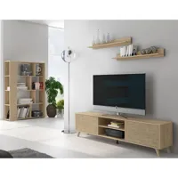 pegane ensemble de salon meuble tv + 2 étagères + bibliothèque coloris chêne cambrian/ effet textile