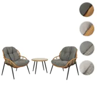 mendler poly-rattan ensemble hwc-n33, balcon set garniture de jardin chaise table d'appoint ~ couleur naturelle, rembourrage gris foncé  marron