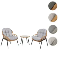 mendler poly-rattan ensemble hwc-n33, balcon set garniture de jardin chaise table d'appoint ~ couleur naturelle, rembourrage gris clair  marron