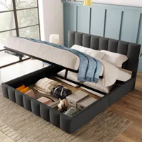 lbf lit design avec coffre de lit, lit capitonné, sommier à lattes hydraulique, espace de rangement, pied en bois noir (gris, 140 x 200 cm)  gris