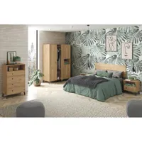 pegane ensemble chambre à coucher complète adulte coloris chêne doré ( armoire + commode rangement + 2 chevets + tête de lit )