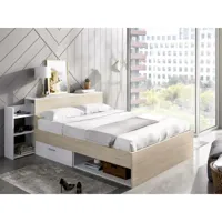 vente-unique lit avec tête de lit rangements et tiroirs 140 x 190 cm - coloris : naturel et blanc + sommier - florian