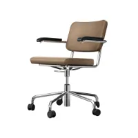 fauteuil de bureau - s 64 atelier pvdr nubuck marron moyen, surpiqûres marron orange tube d'acier chromé, cuir nubuck, couture rabattue contrastante,