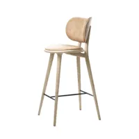 tabouret haut - high stool backrest chêne laque mate/ cuir naturel l 46 x p 38 x h 99 cm, assise h 69 cm