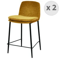 lot de 2 chaises de bar contemporain tissu chenillé moutarde et métal noir mat