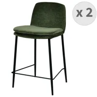lot de 2 chaises de bar contemporain tissu chenillé sauge et métal noir mat
