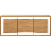 bahut 3 portes en bois placage chene et facade en volume avec contour en laque liago blanc et marron