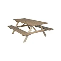 jardipolys table de pique-nique en bois longueur 200 cm | grande table de jardin en bois familiale | table en bois avec bancs intégrés pour l'extérieur | 6 à 8 personnes