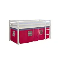 homestyle4u 538, lit loft pour enfants avec échelle, rideau rose, bois massif de pin blanc, 90x200 cm