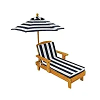 kidkraft chaise longue en bois pour enfant avec coussin, bain de soleil avec parasol, salon de jardin extérieur pour enfants, bleu marine et blanc, 00105
