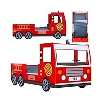 casaria® lit enfant design camion pompier rouge 90x200cm lit pour enfants avec sommier à lattes inclus ludique