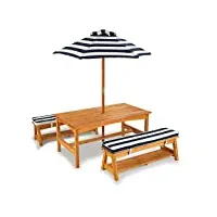 kidkraft table et bancs de jardin pour enfant avec coussins et parasol, salon de jardin extérieur en bois pour enfants, rayé bleu marine et blanc, 00106
