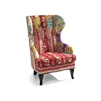 kare design fauteuil à oreilles patchwork, multicolore, structure, bois massif, revêtement coton, meuble, chaise, fauteil salon, chambre, 111x72x81cm