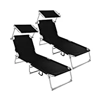 tectake® set de 2 chaise longue pliante bain de soleil jardin exterieur avec pare soleil chaise longue inclinable transat de plage relax jardin camping salon de jardin exterieur - noir