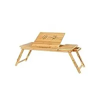 songmics table de lit pliable,petite table en bambou pour ordinateur portable,pour gaucher et droitier, plateau ajustable 5 positions, 72 x (21-29) x 35 cm ,trous d’aération,petit tiroir lld004