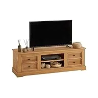 idimex meuble tv kent banc télévision en pin massif finition cirée 144 x 46 x 45 cm, avec 4 tiroirs et 2 niches