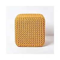 homescapes pouf carré tressé en tricot, pouf cube coloris jaune moutarde, 35x35x35 cm
