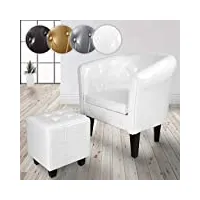 miadomodo® fauteuil chesterfield avec repose-pied - en simili cuir, avec Éléments décoratifs touffetés, couleur au choix - chaise, cabriolet, tabouret pouf, meuble de salon (blanc)