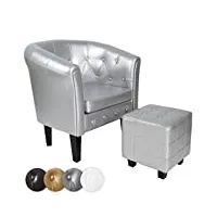 miadomodo® fauteuil chesterfield avec repose-pied - en simili cuir, avec Éléments décoratifs touffetés, couleur au choix - chaise, cabriolet, tabouret pouf, meuble de salon (argenté)