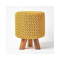 homescapes pouf tressé en tricot et pieds en bois, coloris jaune moutarde, 32x32x42 cm