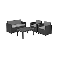 keter allibert 218757 victoria salon de jardin avec 2 fauteuils, 1 canapé, 1 table, en plastique aspect rotin graphite