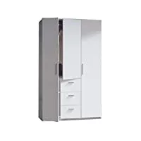 armoire à trois portes et trois tiroirs, finition en blanc brillant, dimensions : 117 cm (l) x 203 cm (h) x 52 cm (p)
