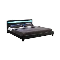 juskys lit rembourré paris, cadre de lit avec éclairage led, sommier à lattes et tête de lit, simili cuir et bois, ado - 140x200 cm - noir