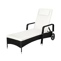 tectake® chaise longue bain de soleil en resine tressee résistant inclinable avec roulettes transat salon de jardin exterieur mobilier de jardin chaise longue piscine plage - noir