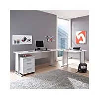 stella trading office line bureau d'angle en blanc - bureau informatique moderne avec grand plan de travail et caisson bureau - 220/170 x 72 x 70 cm