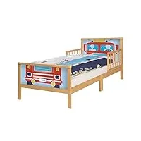 roba lit pour enfant en bois avec sommier à lattes car 70 x 140 cm - thème pompiers + draps - naturel / bleu