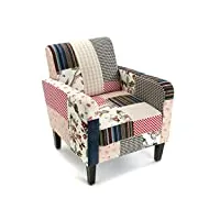 versa romantic patchwork fauteuil pour salon, chambre ou salle à manger, canapé confortable et différent, avec accoudoirs, dimensions (h x l x l) 71 x 77 x 65 cm, coton et bois, couleur: bleu
