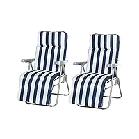 outsunny lot de 2 chaise longue bain de soleil adjustable pliable avec coussin transat lit de jardin en acier bleu + blanc