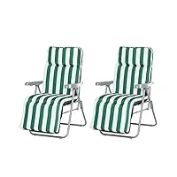 outsunny lot de 2 chaise longue bain de soleil adjustable pliable transat lit de jardin en acier vert + blanc