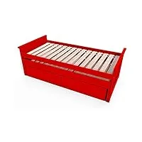 abc meubles - lit gigogne maxi 90x200 bois + tiroirs de rangement - tirtop - rouge, 90x200