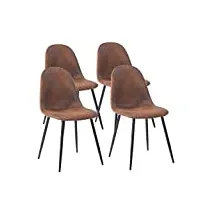 meuble cosy lot de 4 chaises de salle à manger scandinave fauteuil salon cuisine pied métal noir rétro vintage en suédine marron